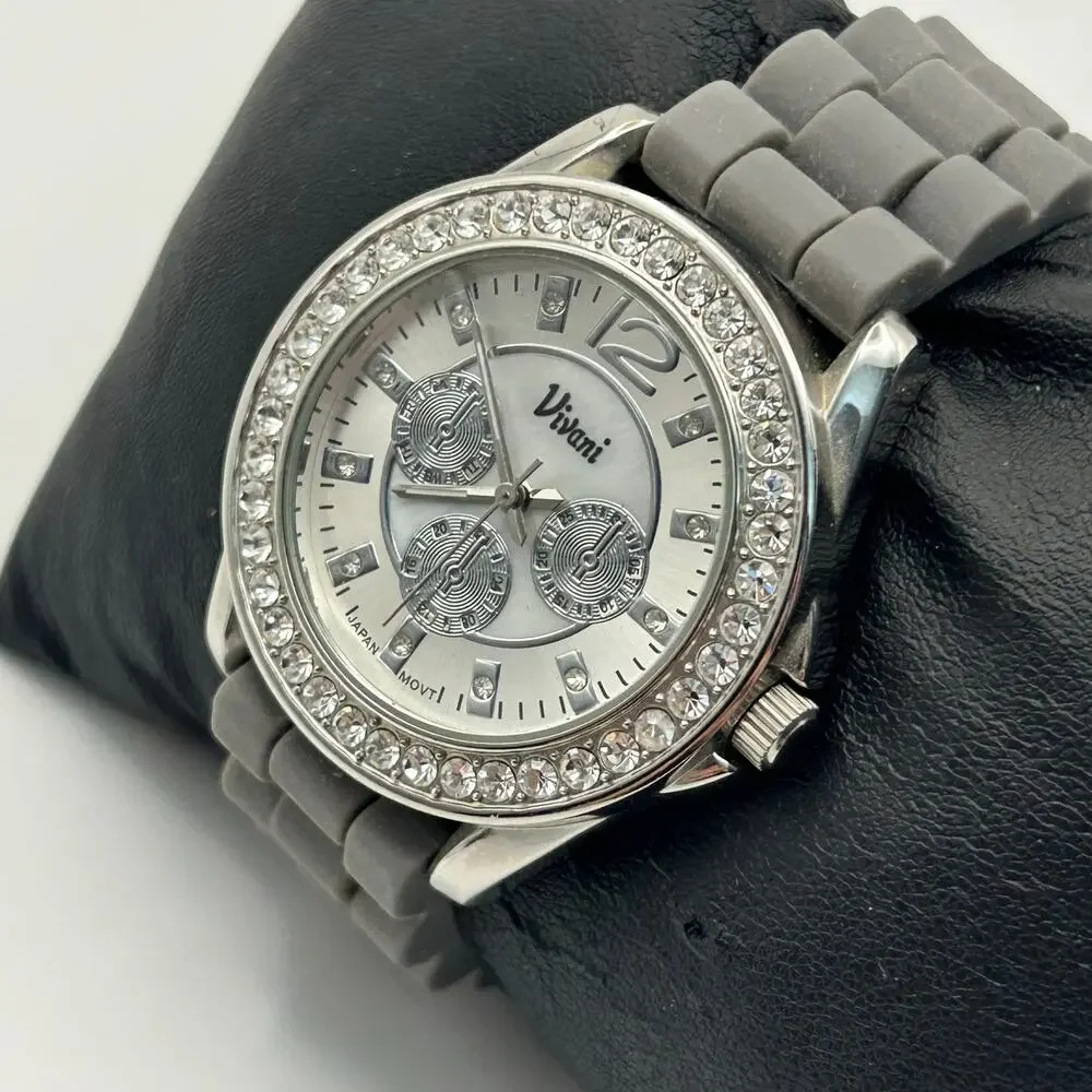 Vivani Silver Tone Dial Round Crystal Accent Case Gray Silicone Band Watch